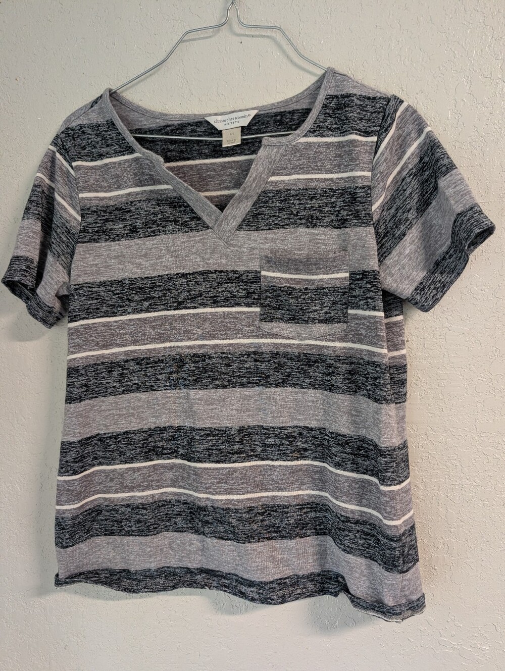 Striped V-Neck Pocket Tee S Petite Gray Black Boxy Coastal Fisherman Preppy Boho